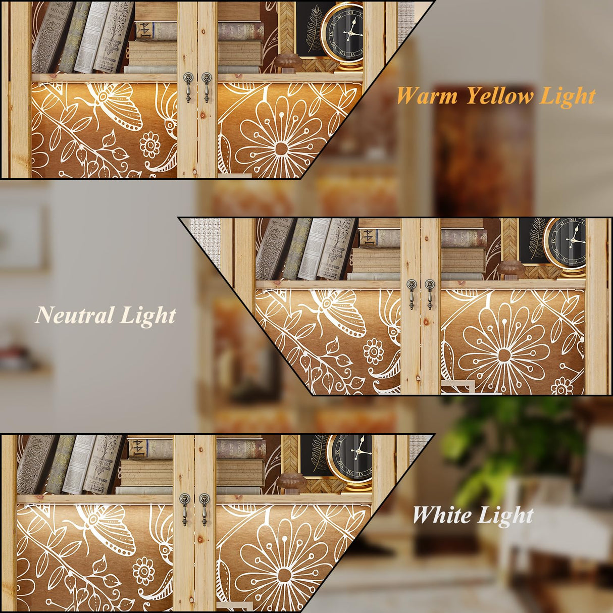 Hitow Glass Curio Cabinet Display Case with LED Light & 4 Doors, 4-Tier Flower-Patterned Glass Showcase Display Cabinet, 74.2" H Bookshelves and Bookcases for Living Room, Wood Grain Hitow