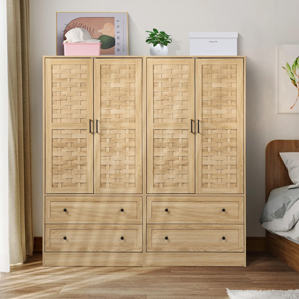 QEIUZON Wardrobe Closet, Freestanding Closet Wardrobe Cabinet with Wide Drawers & Hanging Rod, Armoire for Bedroom, Kids' Room, Dorm (Natural) QEIUZON