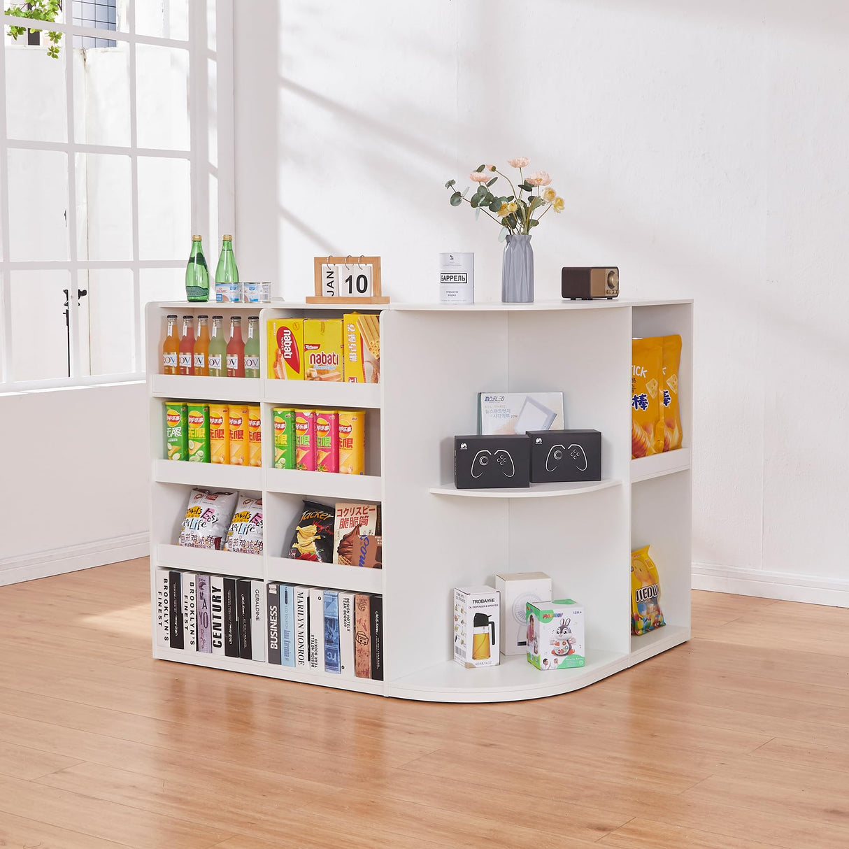 Zethvax Retail Counter,L Shaped Reception Desk for Retail Stores,Modern Checkout Counter with Storage Cabinet, Lockable Drawer, Display Shelves & Built-in Power Outlets Zethvax