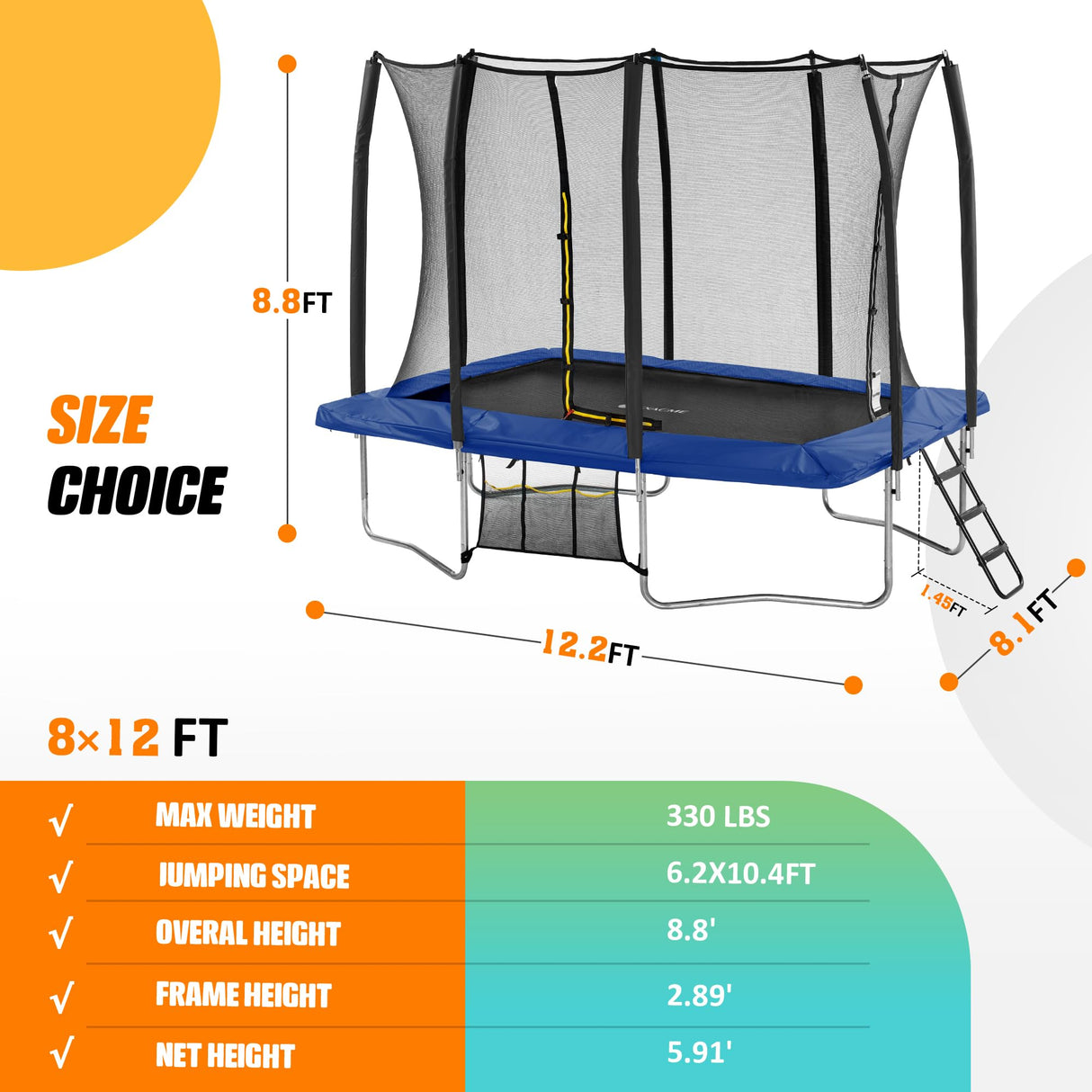 Exacme 7X10 8X12 Foot Rectangle Trampoline for Kids, Double Enclosure Openings, Small Outdoor Rectangular Trampoline with Enclosure Net, 4 Wind Stakes, Storage Bag, 330LB Capacity (Blue, 8×12 Feet) Exacme