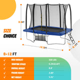 Exacme 7X10 8X12 Foot Rectangle Trampoline for Kids, Double Enclosure Openings, Small Outdoor Rectangular Trampoline with Enclosure Net, 4 Wind Stakes, Storage Bag, 330LB Capacity (Blue, 8×12 Feet) Exacme