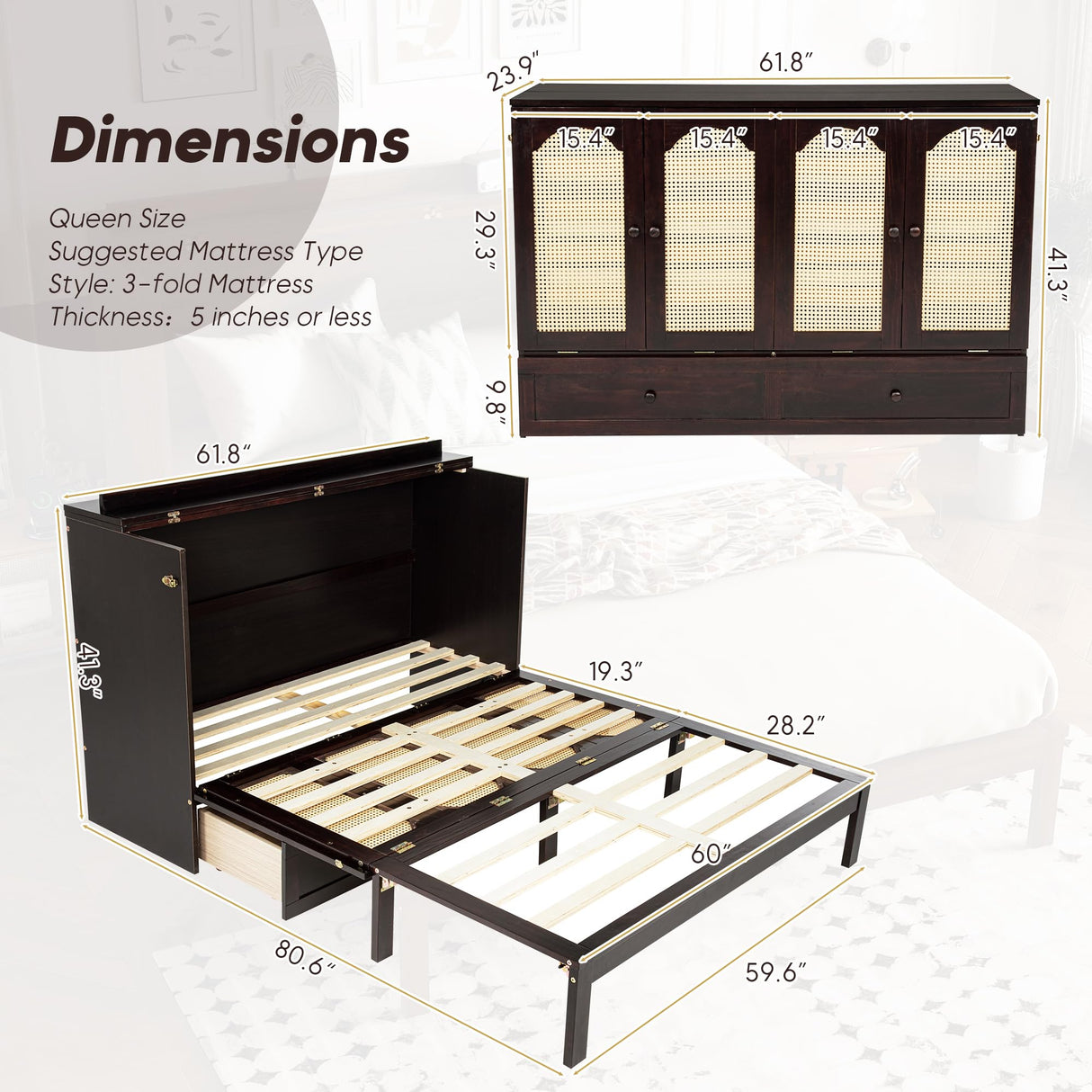ZEIINPA Queen Murphy Bed Chest with Charging Station & Large Drawers, Wooden Cube Cabinet Bed with Foldable Bedframe for Apartment Living Room Bedroom(Mattress not Included) Espresso ZEIINPA