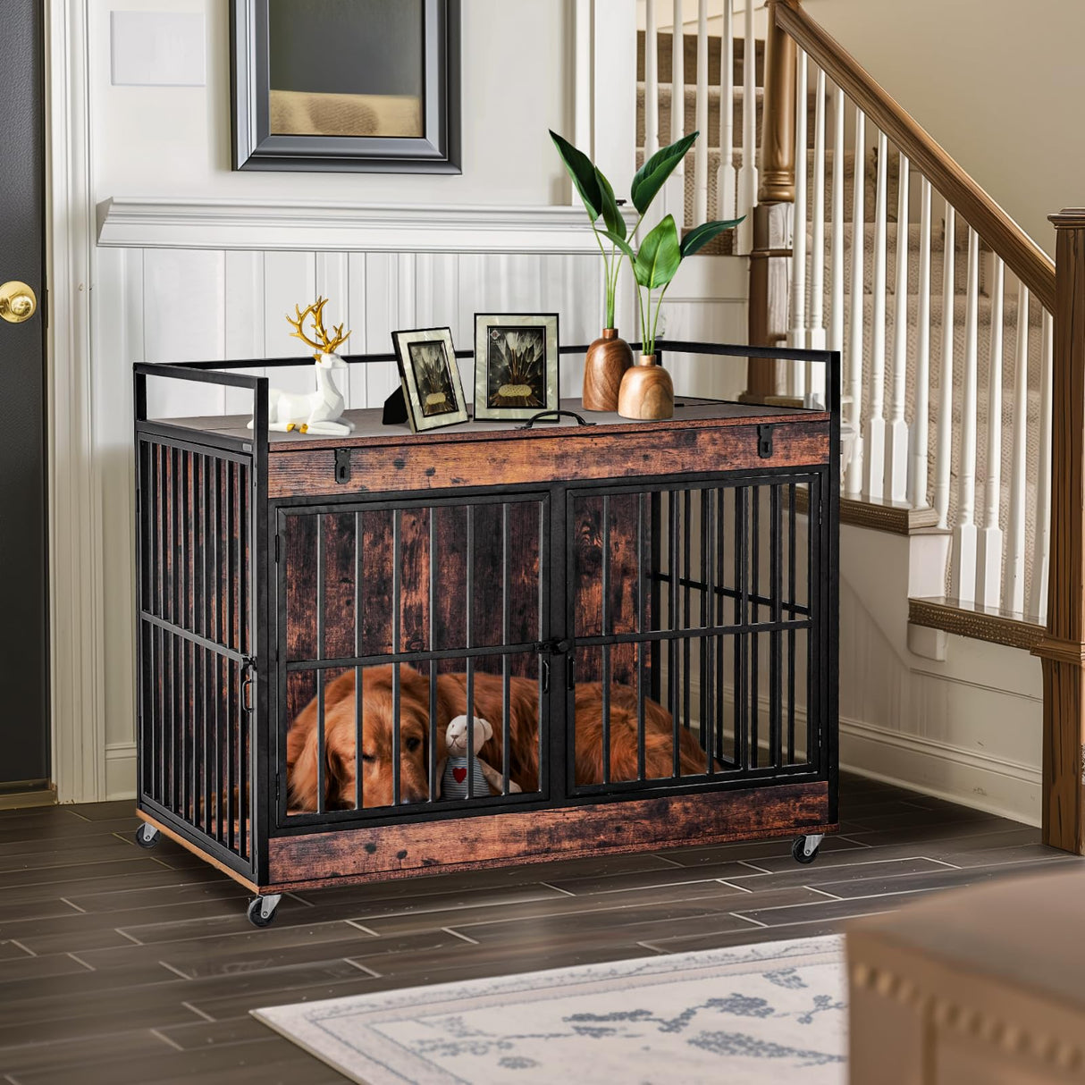 Extra Large Dog Crate Furniture, Dog Crates Furniture for Medium/Large Dogs Indoor, Heavy Duty Dog House with Wheels, Feeder Bowls & Flip Top, Large Dog Crate 44" L x 30" W x 38" H Redlifeᅟᅠ