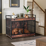 Extra Large Dog Crate Furniture, Dog Crates Furniture for Medium/Large Dogs Indoor, Heavy Duty Dog House with Wheels, Feeder Bowls & Flip Top, Large Dog Crate 44" L x 30" W x 38" H Redlifeᅟᅠ