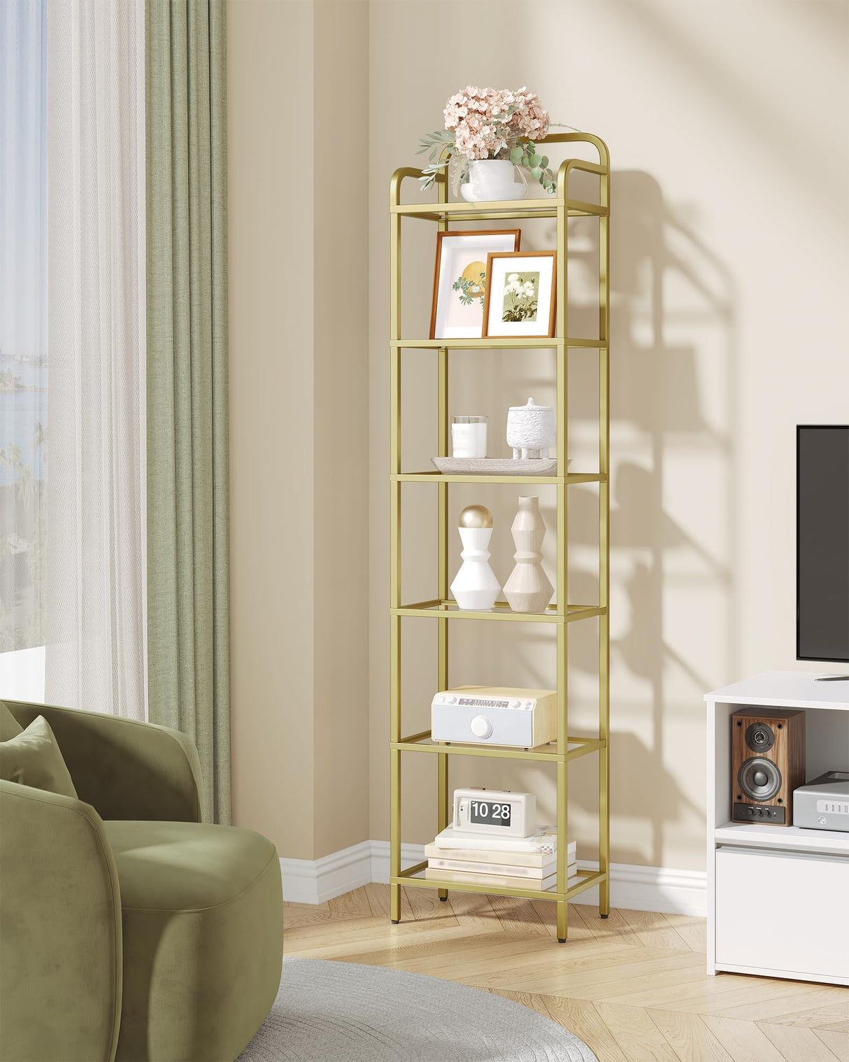 Hzuaneri Bookshelf, Tall Narrow Bookcase with LED Lights, Tempered Glass Bookshelves with Steel Frame, Display Shelf, Slim Shelving Unit for Living Room, Bedroom, 9.6"D x 15.4"W x 66.5"H Gold BC34699G Hzuaneri