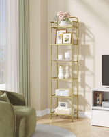 Hzuaneri Bookshelf, Tall Narrow Bookcase with LED Lights, Tempered Glass Bookshelves with Steel Frame, Display Shelf, Slim Shelving Unit for Living Room, Bedroom, 9.6"D x 15.4"W x 66.5"H Gold BC34699G Hzuaneri