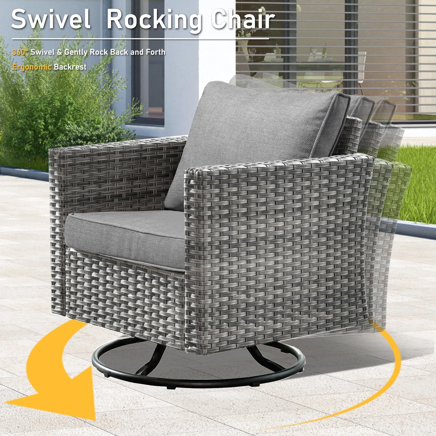 HOOOWOOO Wicker Patio Conversation Sets,8 Piece Outdoor Furniture Set with Swivel Rocking Chairs,All Weather Resistant Modern Outside Out Door Rattan Couch Chairs Side Table Set,Charcoal Gray - WoodArtSupply