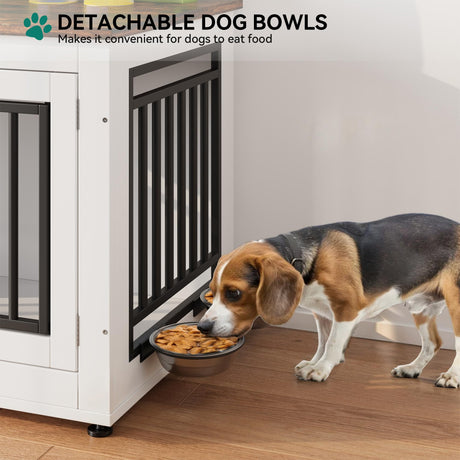 YITAHOME 35" Dog Crate Furniture, Wooden Side End Table with Adjustable Feet and Removable Bowls, Dog Kennel Indoor for Small Medium DogsV YITAHOME