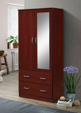 HODEDAH 2 Door Wood Wardrobe Bedroom Closet with Clothing Rod inside Cabinet, 2 Drawers for Storage and Mirror, Mahogany Hodedah