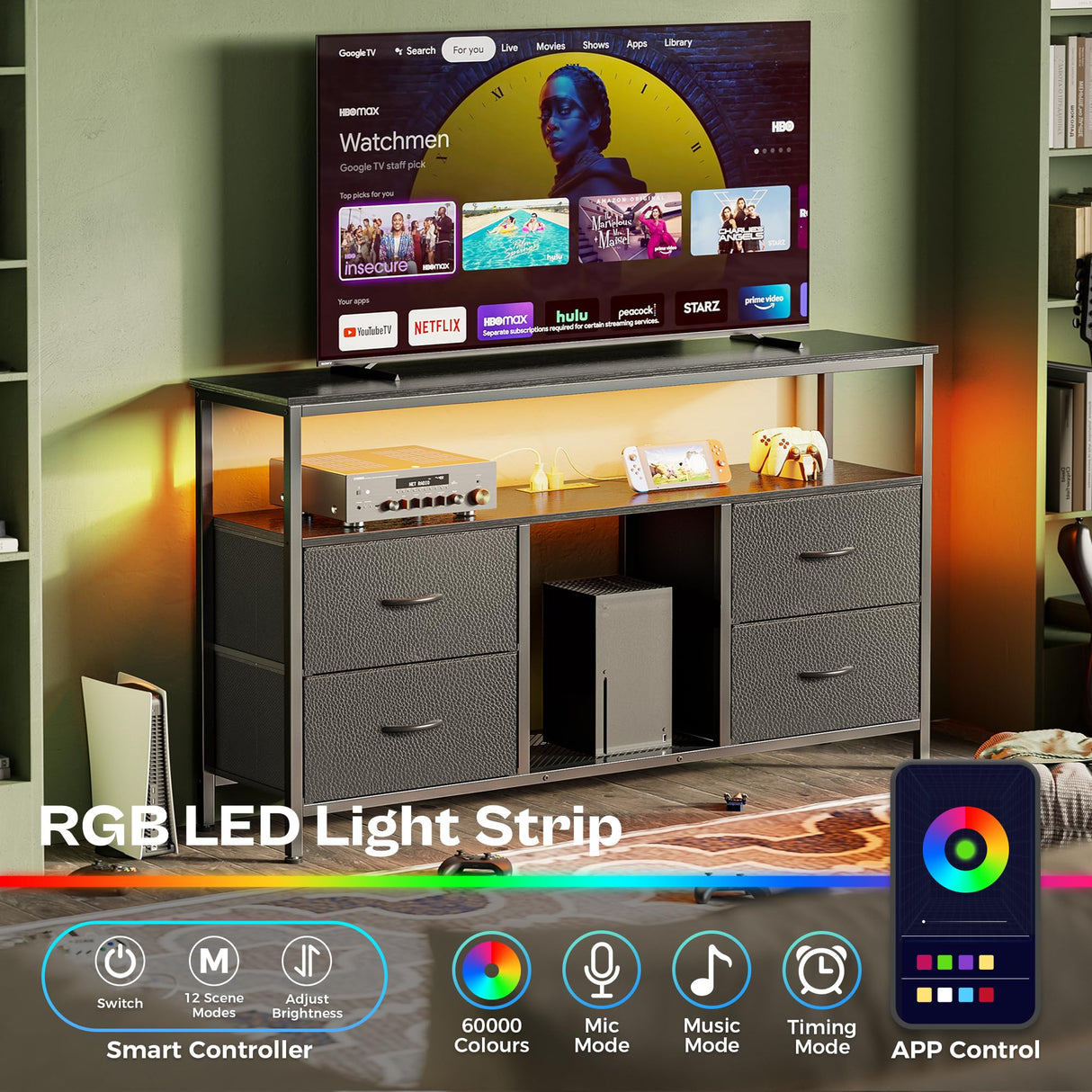 Huuger 47 Inch TV Stand Dresser with Power Outlets and LED Lights, 4 Drawers Entertainment Center with Open Shelf, Media Console for 55 50 Inch TV, Dresser with PU Finish, Black Huuger