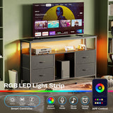 Huuger 47 Inch TV Stand Dresser with Power Outlets and LED Lights, 4 Drawers Entertainment Center with Open Shelf, Media Console for 55 50 Inch TV, Dresser with PU Finish, Black Huuger