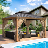 EROMMY 10'x12' Hardtop Gazebo, Wooden Finish Coated Aluminum Frame Gazebo with Galvanized Steel Roof, Outdoor Metal Gazebos with Curtains and Nettings for Patio, Backyard, Deck and Lawns EROMMY