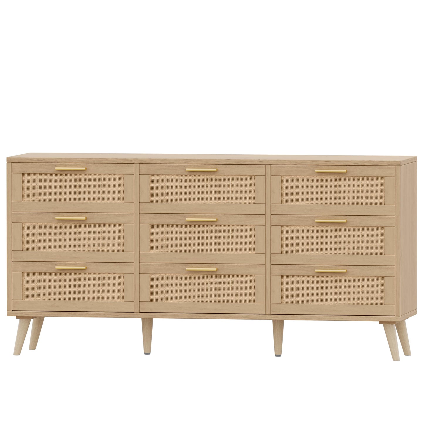 Rovaurx 9 Drawer Double Dresser for Bedroom, Rattan Chest of Dressers, Modern Wooden Dresser Chest with Golden Handles, Beside Table for Closet, Living Room and Entryway, Natural RDG002M