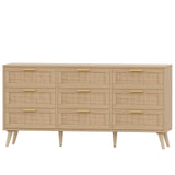 Rovaurx 9 Drawer Double Dresser for Bedroom, Rattan Chest of Dressers, Modern Wooden Dresser Chest with Golden Handles, Beside Table for Closet, Living Room and Entryway, Natural RDG002M Rovaurx