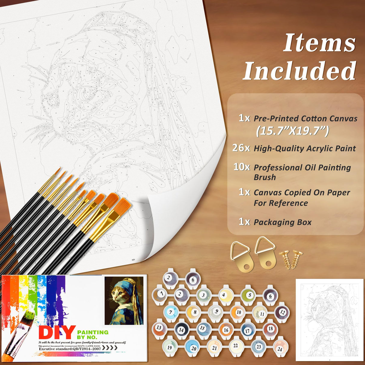 NiArt Paint by Numbers for Adults Beginners, DIY Paint by Numbers on Canvas for Kids, Oil Painting Kits for Gift Home Wall Decor, 10 Brushes and Acrylic Paint,16x20 Inch,(Pearl-Earring Cat, Unframed) NiArt