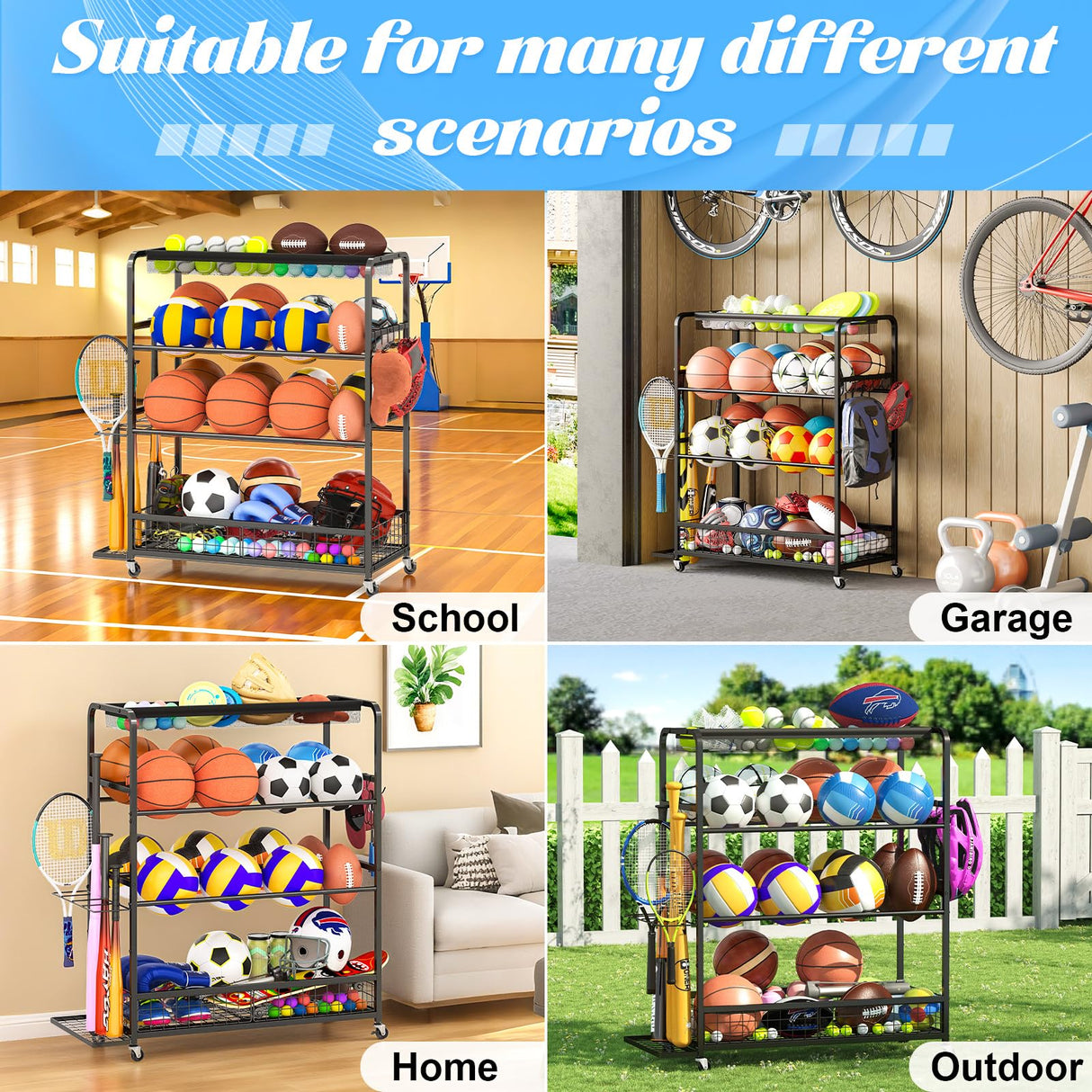 Jsskeeim Garage Sports Equipment Storage Rack,Wheeled Sports Ball Storage Bin,Garage Sports Equipment Organizer,Ball Organizer Toy Organizer with Baseball Bat Holder and Hooks-Black Jsskeeim