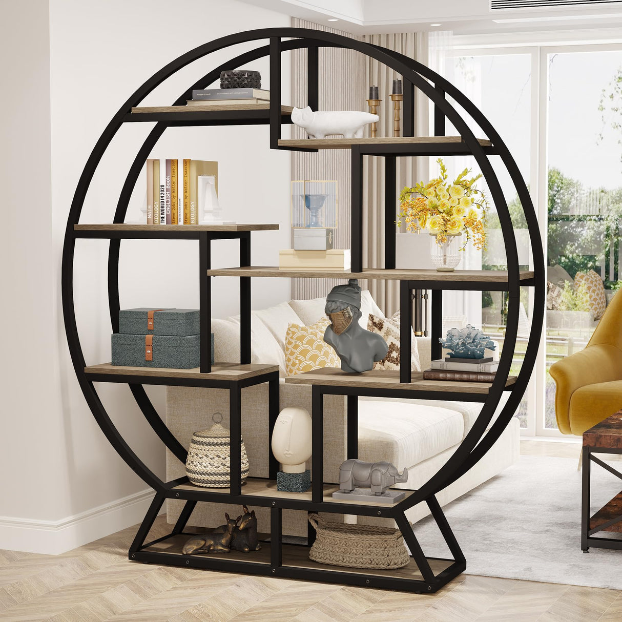 Tribesigns Bookshelf, Round Bookshelves Etagere Bookcase, 63 Inch Industrial Wood Book Shelf with Staggered Shelves, Open Shelving Organizer Rack Display Shelf for Home Office, Living Room, Grey Tribesigns