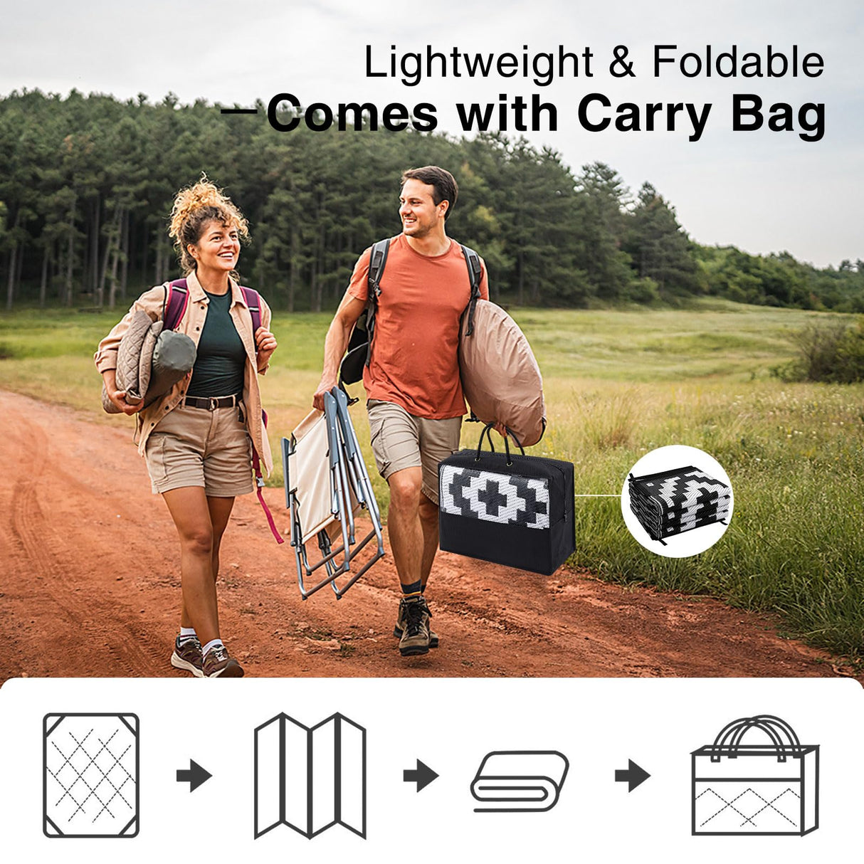 OLANLY Waterproof Outdoor Rug 5x8 ft, Outdoor Plastic Straw Rug for Camping, RV Mat Outside, Indoor Outdoor Carpet for Porch, Deck, Backyard, Balcony, Picnic, Black & White OLANLY