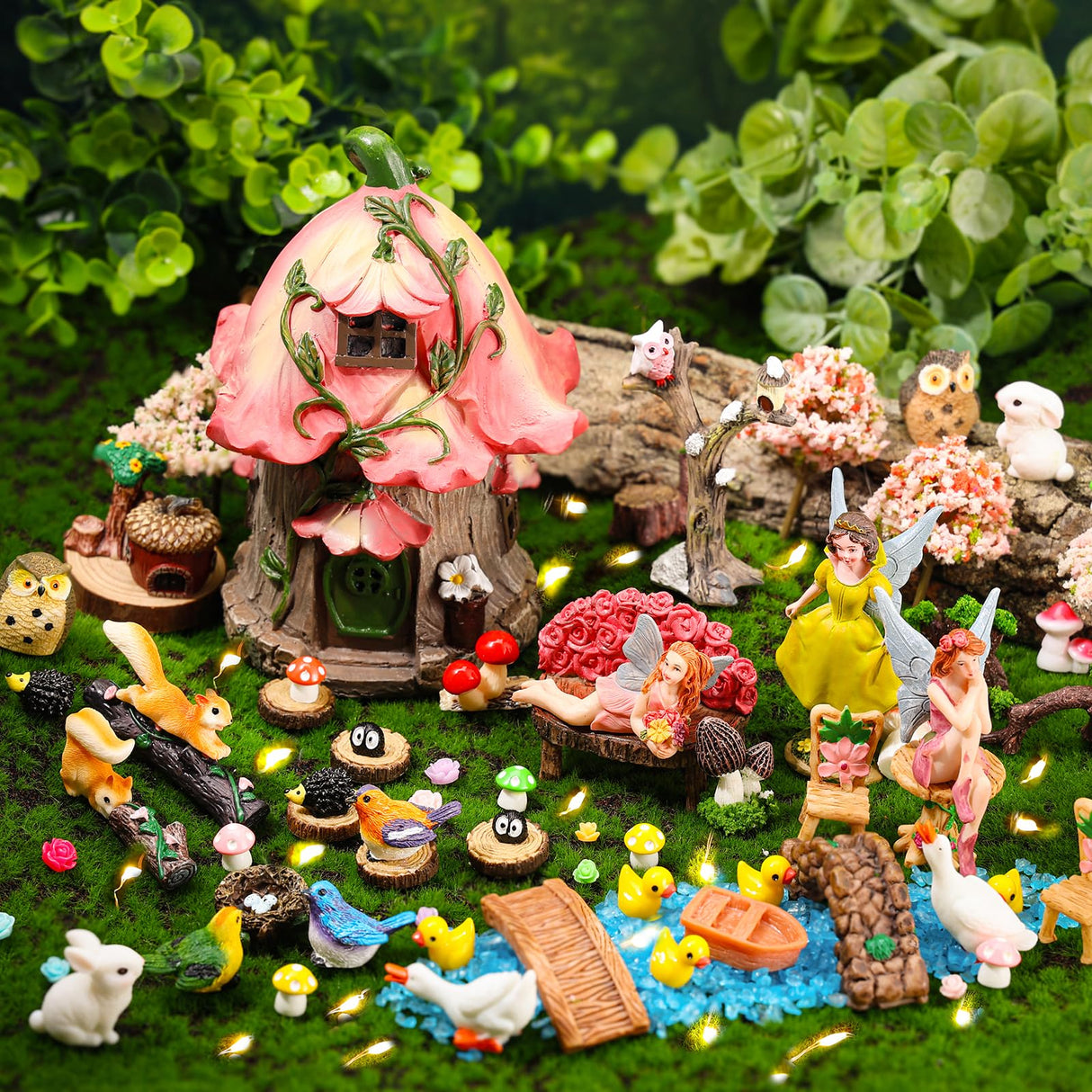 93 Pcs Fairy Garden House Resin Accessories Fairy Elves Kit Miniature Fairy Figurines Ornaments Animals Decor Outdoor for DIY Dollhouse HIYZI