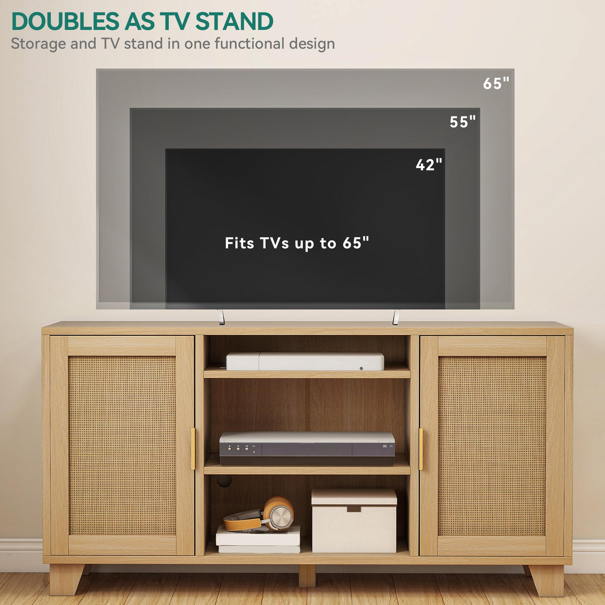 YITAHOME TV Stand for 65 Inch TVs, Boho Entertainment Center with Rattan Doors, Storage Cabinets and Adjustable Shelves, Long Boho Media Console for Living Room YITAHOME