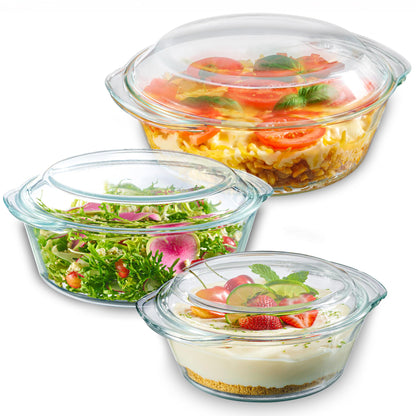 6-Piece Glass Tureen Dishes for Oven with Lids, Durable Borosilicate Glass Covered Bakeware Set, Microwave Safe, Versatile Round Glass Baking Dishes for Oven with Lid. Clear Lead-Free Casserole Cookware.