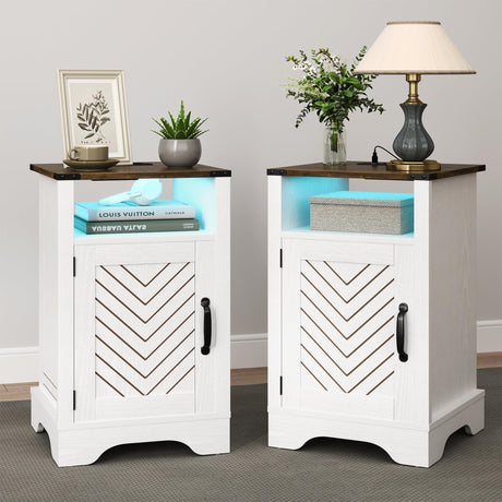RoyalCraft Farmhouse Nightstand, White Night Stand with LED Lights and Charging Station, Bedside Table Set of 1 with Storage and Door, Wood End Table for Bedroom, Home Office, Antique White RoyalCraft