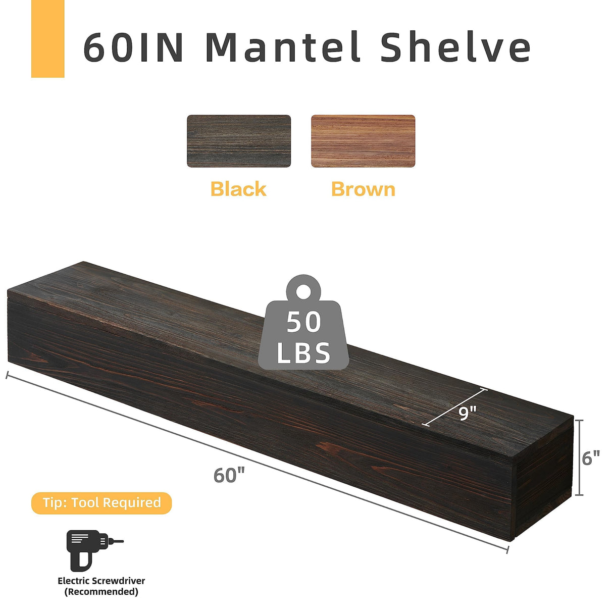 60" Rustic Wood Fireplace Mantel | Wall-Mounted & Floating Shelf for Home Decor Mederlo