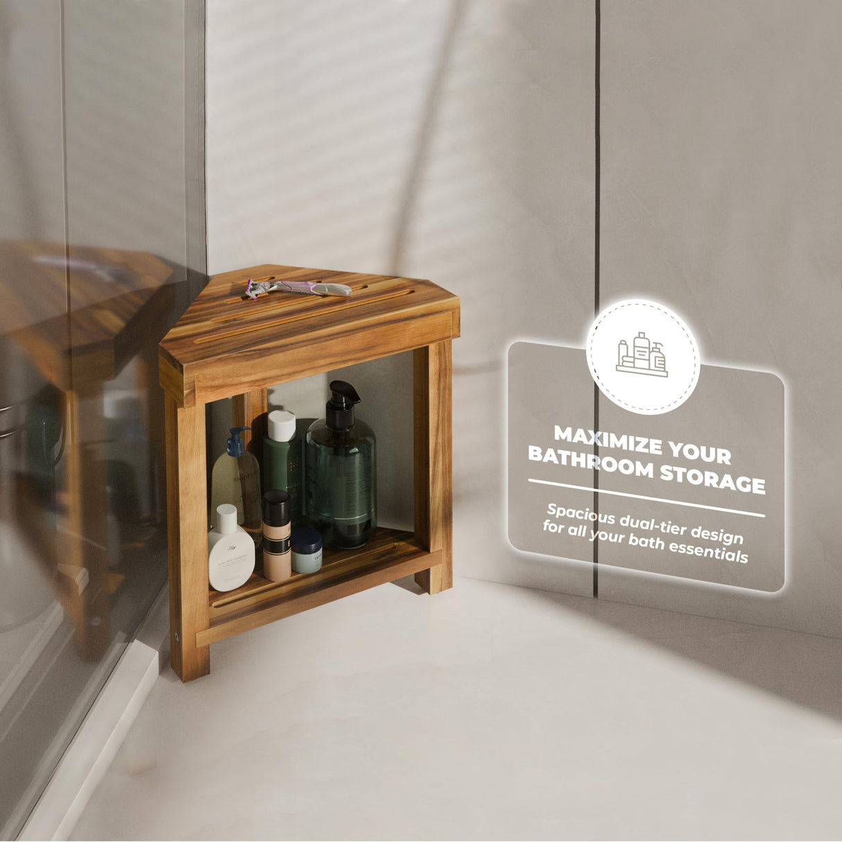 BLUEWEST Shower Foot Rest, Corner Shower Stool, Wooden Shower Foot Stool for Shaving Legs Inside Shower, Waterproof Shower Foot Rest with Storage Shelf for Small Shower Space, Shower Seats and Benches BLUEWEST