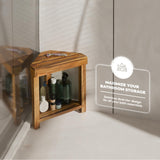 BLUEWEST Shower Foot Rest, Corner Shower Stool, Wooden Shower Foot Stool for Shaving Legs Inside Shower, Waterproof Shower Foot Rest with Storage Shelf for Small Shower Space, Shower Seats and Benches BLUEWEST