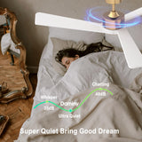 DAMINY Natural Solid Wood White and Gold 52 inch Ceiling Fan with Light,3 Blade Ceiling Fan with Light,6CCT,Low Profile Ceiling Fan with Light and Remote Control DAMINY