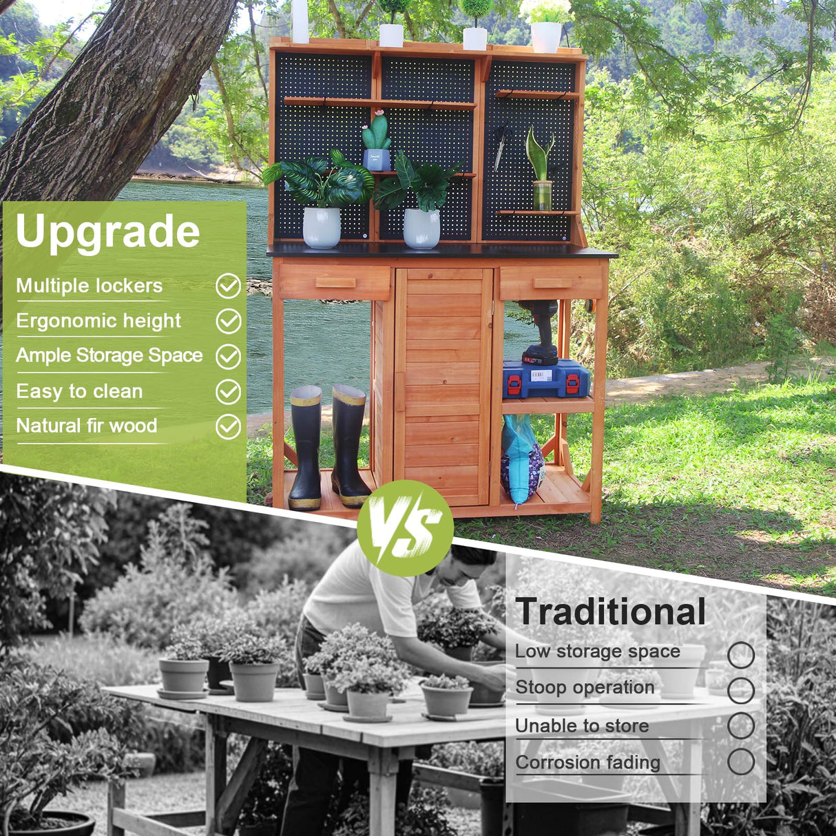 Outdoor Potting Bench,Wooden Potting Table with Metal Tabletop,Garden Work Bench with Drawer and Free Matching Storage Cabinet Shelf/Hooks for Backyard,Patio,Greenhouse (Black, 40 * 59 * 20in) Agitree