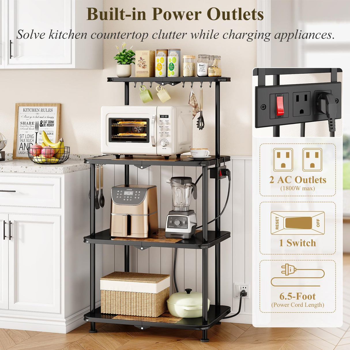 Kitchen Bakers Rack with Power Outlet - Easy & Tool-Free Assembly, Adjustable Coffee Bar Station 4 Tiers, Microwave Stand with 12 Hooks, Brown SNTD