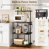 Kitchen Bakers Rack with Power Outlet - Easy & Tool-Free Assembly, Adjustable Coffee Bar Station 4 Tiers, Microwave Stand with 12 Hooks, Brown SNTD
