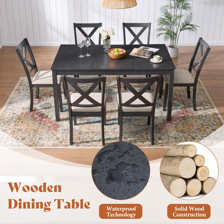 AMERLIFE 7-Piece Farmhouse Dining Table Set with 6 Upholstered Chairs, 60" Space-Saving Dining Table & Chair Set for Dining Room, Kitchen, Small Apartment, Restaurant, Grey & White AMERLIFE