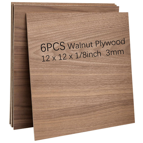 Walnut Plywood 6pcs, 1/8" x 12” x 12” Real Wood Plywood Sheets 1/8" Plywood Sheets 3mm Plywood for Laser Cutting and Engraving CMOOD