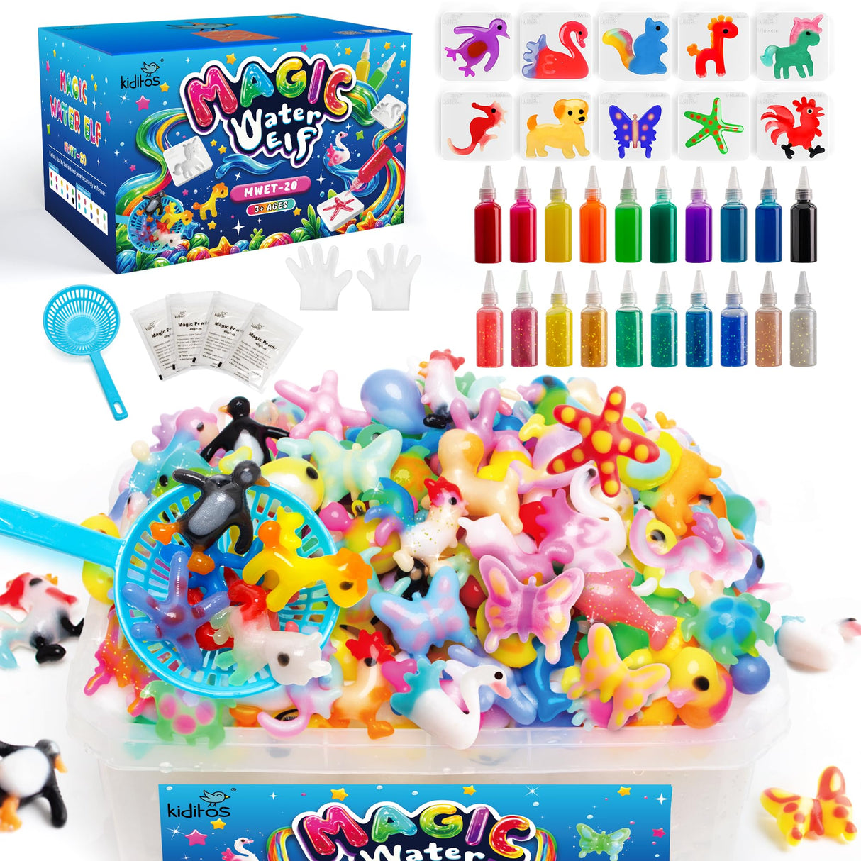 Kiditos Magic Water Elf Toy Kit, Aqua Fairy Water Gel Kit-20 Magic Gel&10 Animal Molds–Make Your Own Water Pets & Squishy Toys–Fun Summer DIY Craft Kit, Birthday Gifts & Party Favors for Kids Ages 3+ Kiditos