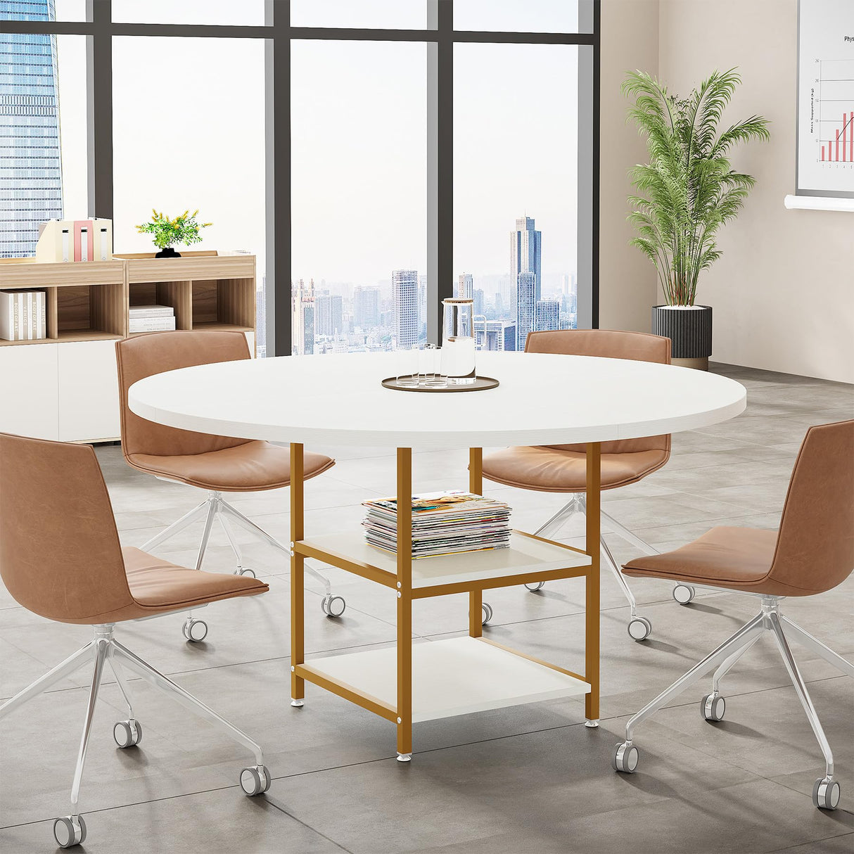 Tribesigns 47-Inch Round Conference Table for 4-6 People, Wood Meeting Room Table with Storage Shelf and Metal Legs, Modern Office Training Desk for Conference Room Seminar Room (White Gold) Tribesigns