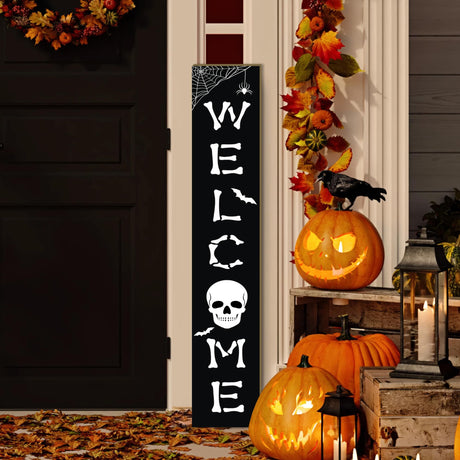 Halloween Welcome Sign Skull Front Door Hanging Decor Wooden Vertical Indoor Outdoor Standing Sign For Garden Home Yard Farmhouse Porch 47.2 x 7.8 Inch Xinglunla