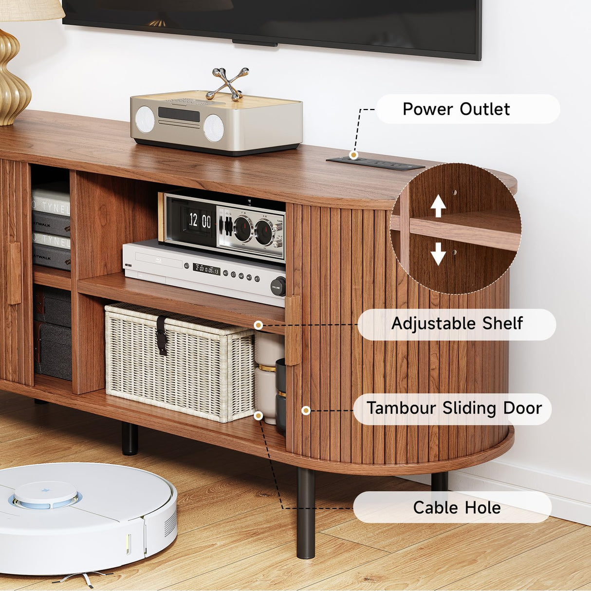 TV Stand with Power Outlet, Mid-Century Modern Television Stand, Media Console with Sliding Doors, Entertainment Center for TVs up to 60 Inch, Adjustable Shelves, Walnut ComfyCorner