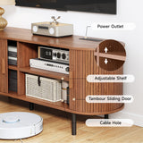 TV Stand with Power Outlet, Mid-Century Modern Television Stand, Media Console with Sliding Doors, Entertainment Center for TVs up to 60 Inch, Adjustable Shelves, Walnut ComfyCorner