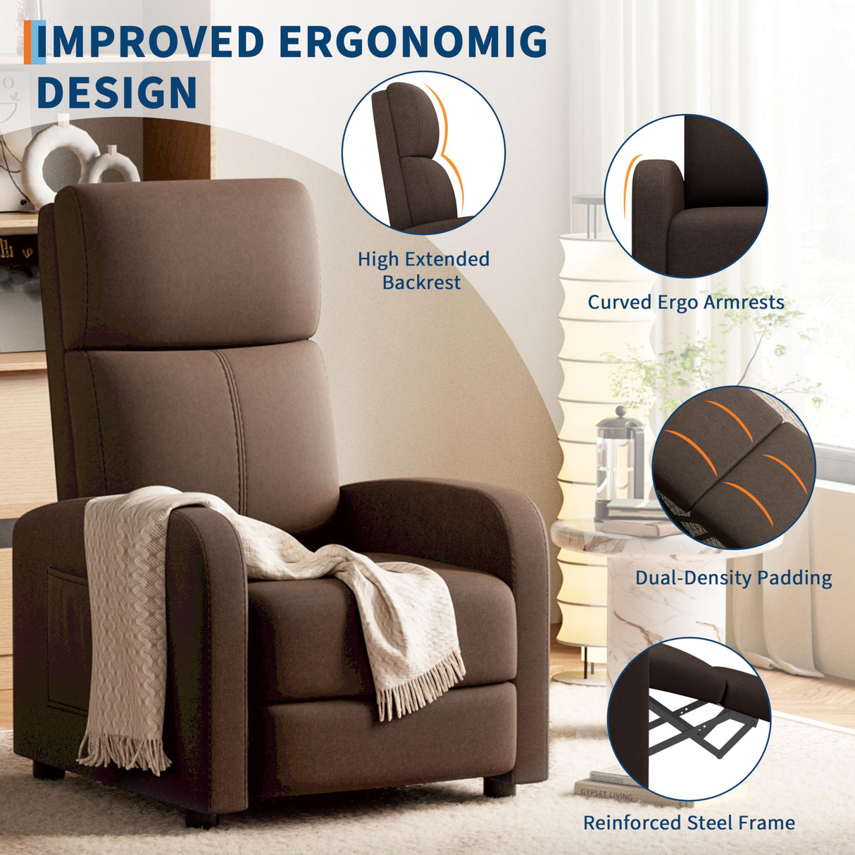 GarveeHome Linen Fabric Manual Recliner Chair, with Side Pocket, High Backrest, Thick Cushion, Adjustable Push Back Recliner, Lazy Lounge Chair for Living Room, Home Theater, Bedroom, Brown GarveeHome