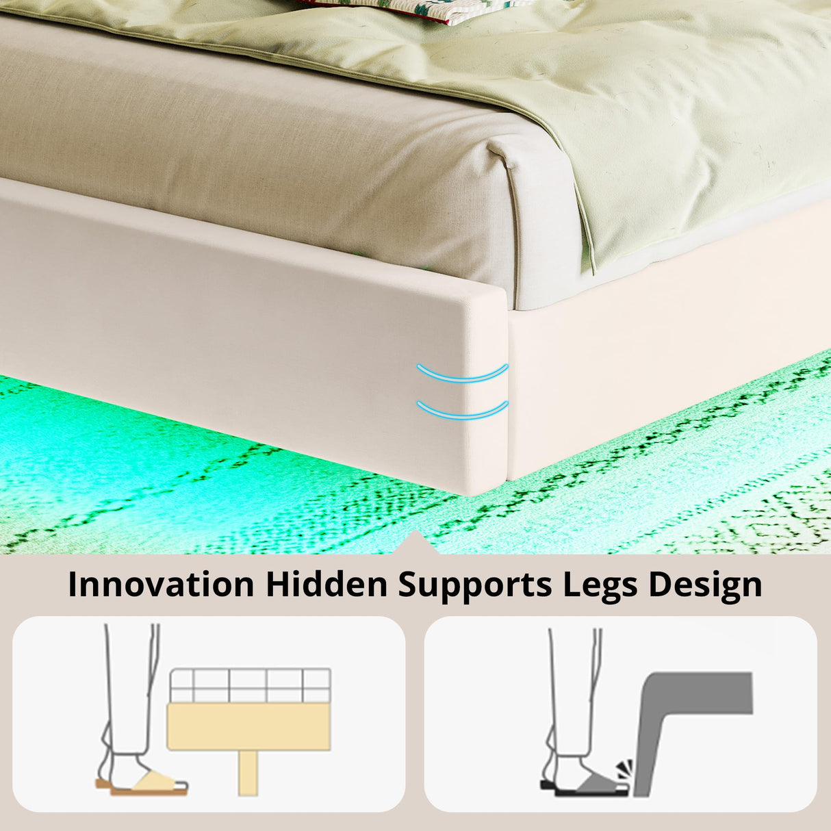 LIKIMIO Full Bed Frame with Headboard, Velvet Upholstered Platform Bed with LED Light, Solid Wood Slats Support, No Box Spring Needed, Cream LIKIMIO