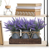 Set of 3 Small Potted Plants Arrangement Artificial Lavender Flower Plants in Rustic Galvanized Metal Pots with Decorative Wood Tray for Farmhouse Table Centerpiece Windowsill Country Indoor Decor Winlyn