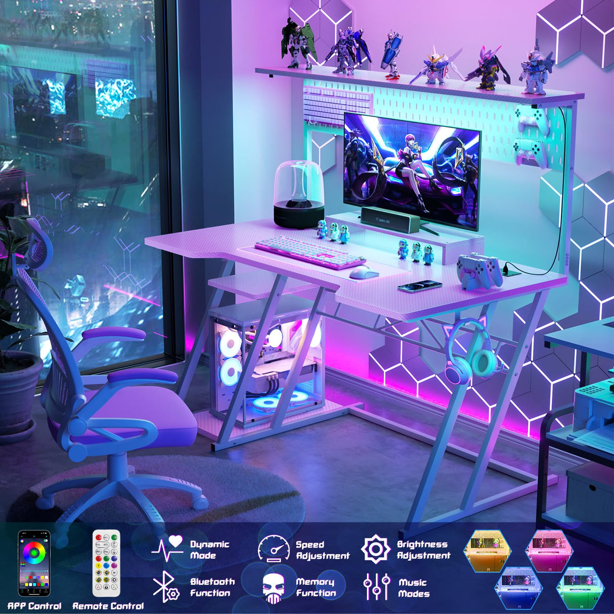 Gaming Computer Desk with Power Outlets, Gaming Desk with Hutch and LED Lights, Reversible PC Gaming Desk with Pegboard, Carbon Fiber Pink, 47" armocity