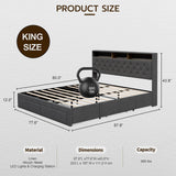 IKIFLY Dark Grey King Bed Frame with LED Storage Headboard, Charging Station & 4 Drawers IKIFLY