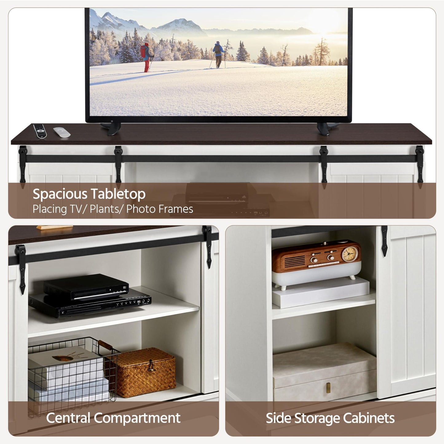 Yaheetech TV Stand for 65 Inch TV, Farmhouse Entertainment Center with Sliding Barn Doors, TV Media Console for Living Room, Bedroom, White & Espresso