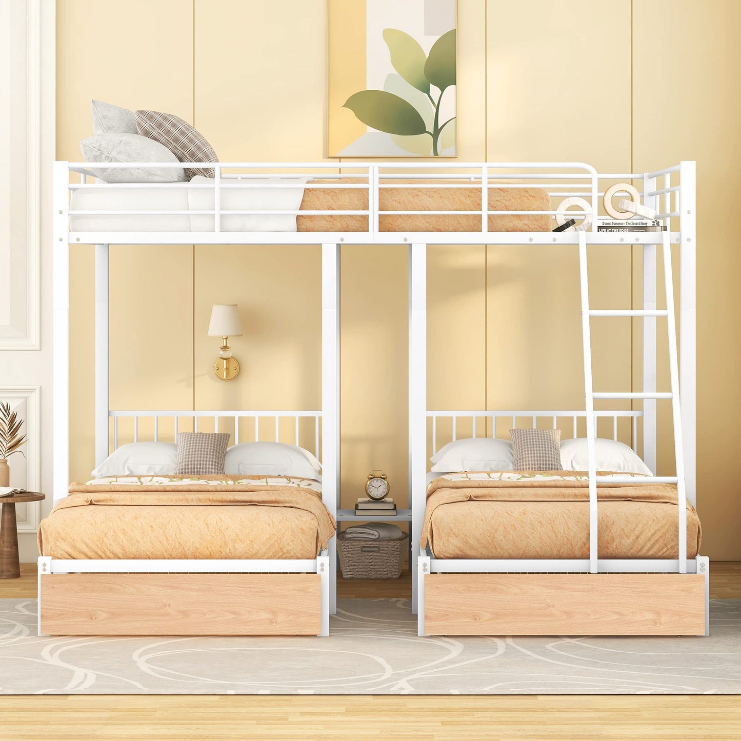 Harper & Bright Designs Metal Triple Bunk Bed with Drawers and Guardrails, Full Over Twin & Twin Bunk Bed for 3, Space-Saving, Noise Free, No Box Spring Needed - White