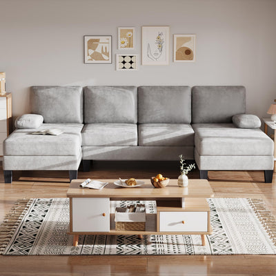 Bezseller 107.3" Sectional Couches for Living Room, U Shaped Modular Sofa Couch with Cushion & Chenille Fabric, 4-Seat Comfy Furniture Sets with Double Chaise for Apartment, Reception Room, Grey