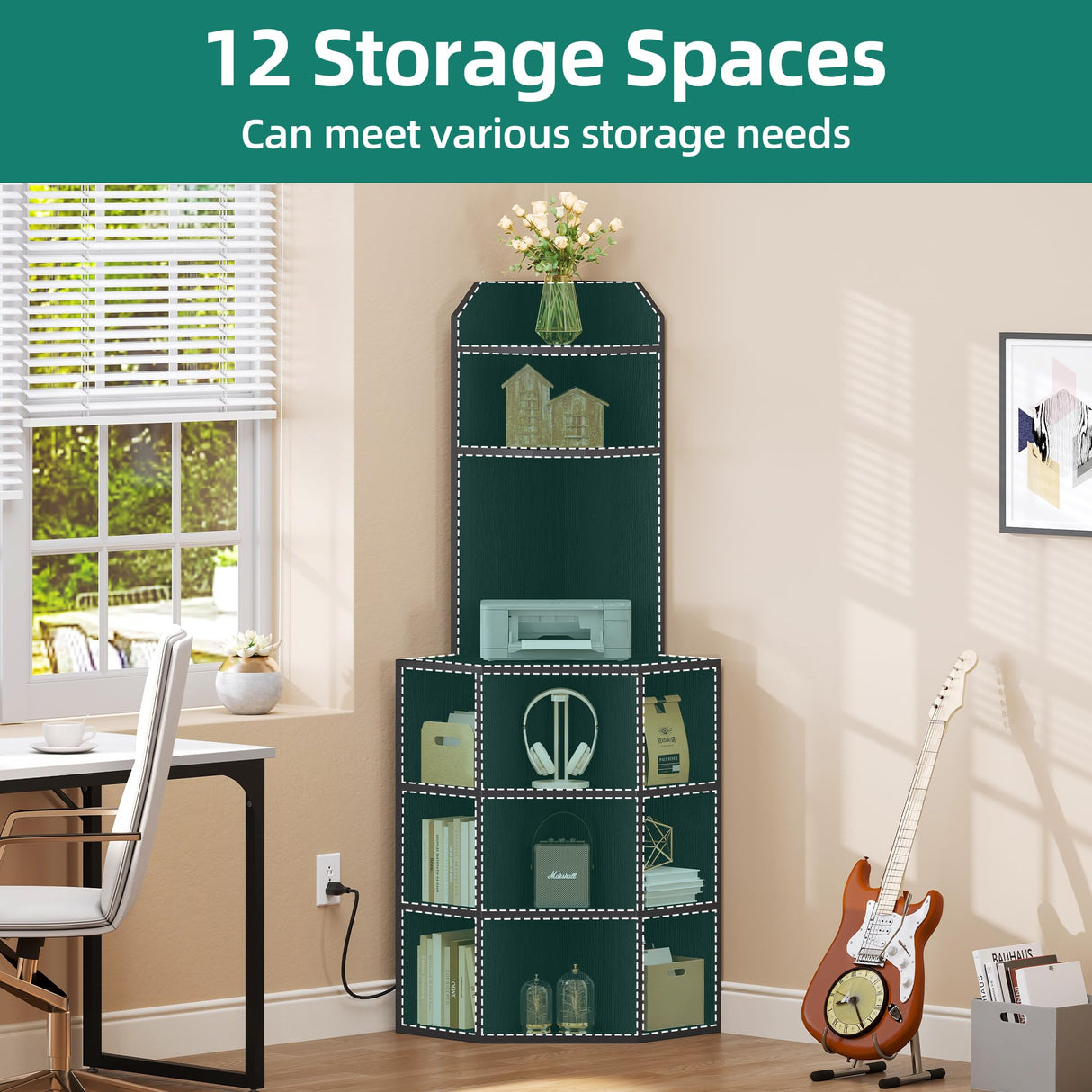 YITAHOME Corner Shelf with USB Ports & Outlets, Industrial Corner Storage Cabinet Rack Charging Station, Wooden Display Bookshelf Bookcase for Living Room, Bedroom, Dining Room, Kitchen, Black YITAHOME