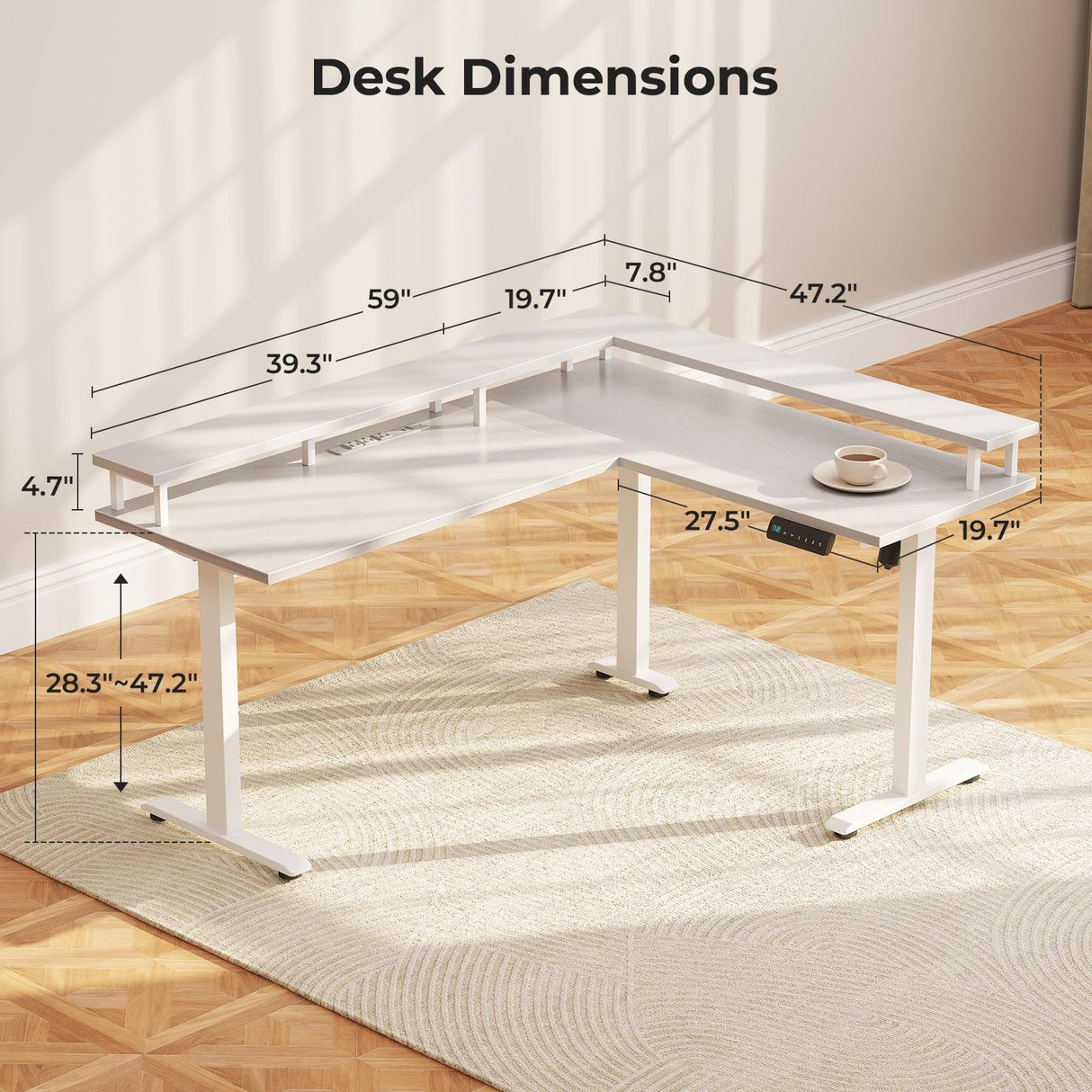 AODK Electric L Shaped Standing Desk, 59 Inch Height Adjustable Stand Up Desk with Power Outlets ＆ Full Monitor Stand, Reversible Corner Desk for Home Office ＆ Computer Workstation, White AODK